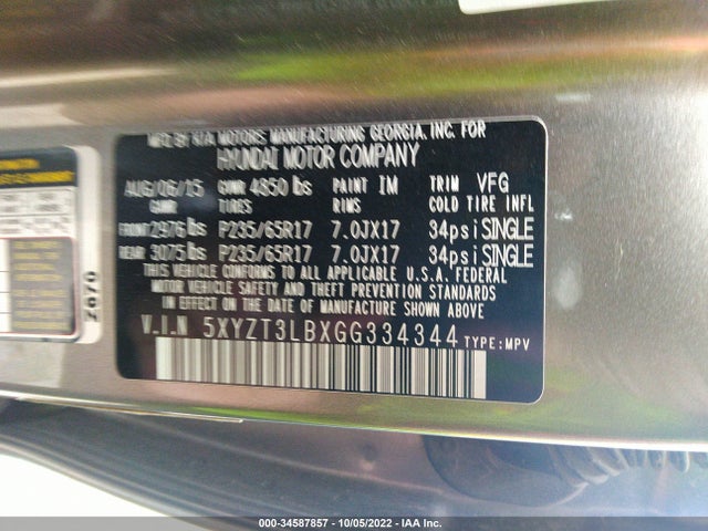 2016 Hyundai Santa Fe, VIN: 5XYZT3LBXGG334344
