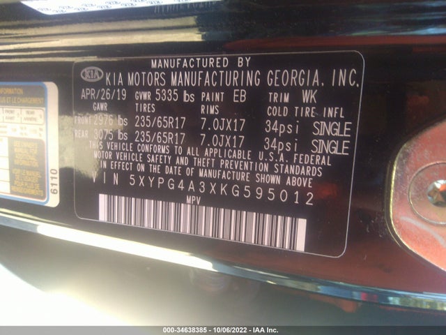 2019 Kia Sorento, VIN: 5XYPG4A3XKG595012