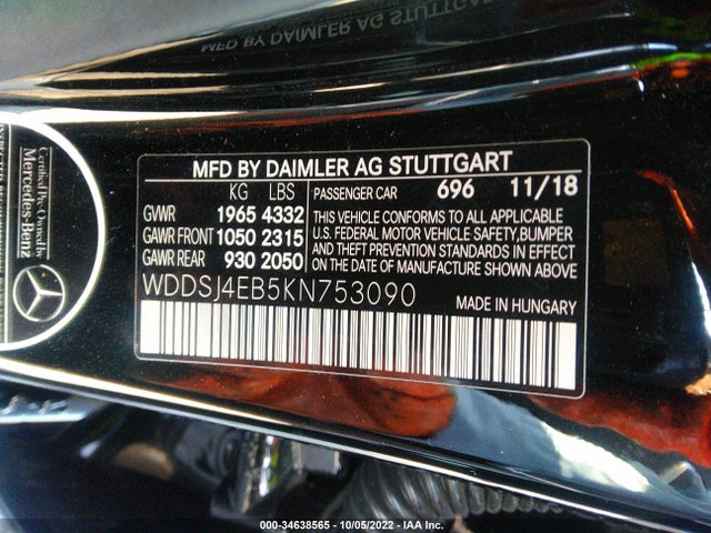 2019 MERCEDES-BENZ CLA CLA 250 VIN: WDDSJ4EB5KN753090