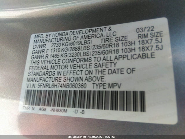 2022 Honda Odyssey, VIN: 5FNRL6H74NB060360