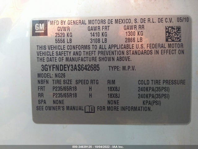 2010 CADILLAC SRX LUXURY COLLECTION VIN: 3GYFNDEY3AS642685