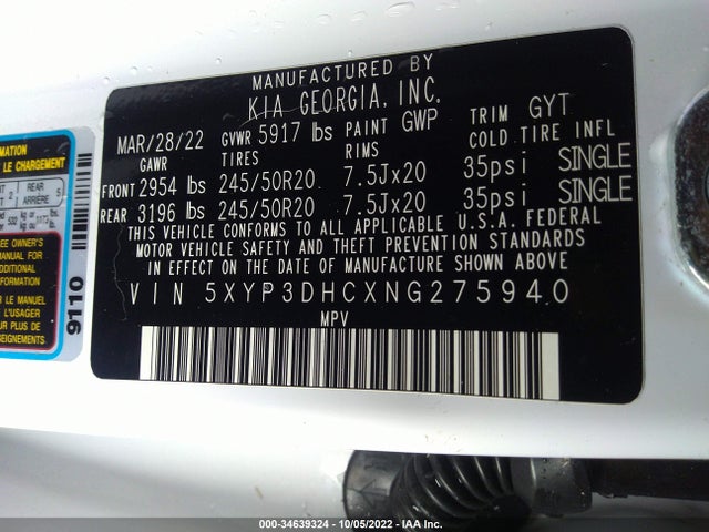 2022 KIA TELLURIDE EX VIN: 5XYP3DHCXNG275940