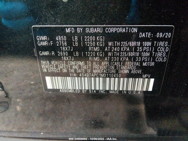 2021 Subaru Outback, VIN: 4S4BTAPC1M3110450