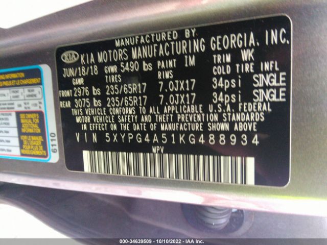 5XYPG4A51KG488934 KIA Sorento Lx V6