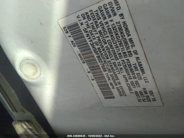 2015 HONDA PILOT EX-L VIN: 5FNYF3H50FB027986