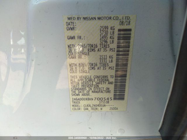 1N6AD0ER8KN700545 Nissan Frontier Sv
