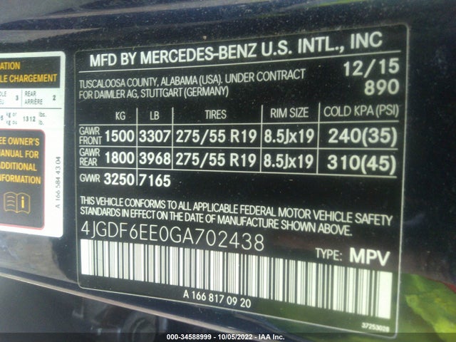 2016 Mercedes-Benz GL-Class, VIN: 4JGDF6EE0GA702438