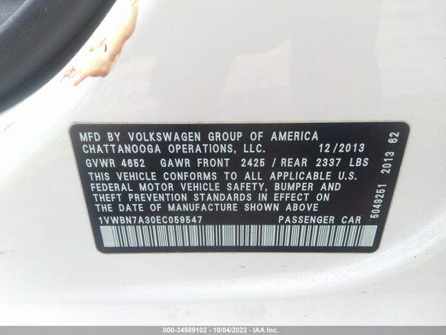 2014 VOLKSWAGEN PASSAT TDI SE W/SUNROOF VIN: 1VWBN7A30EC059547