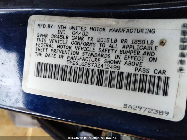 2003 PONTIAC VIBE VIN: 5Y2SL62873Z412499