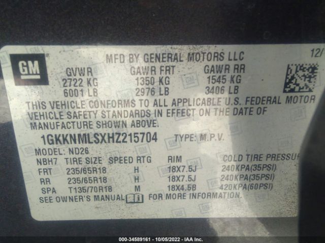 1GKKNMLSXHZ215704 GMC ACADIA SLT