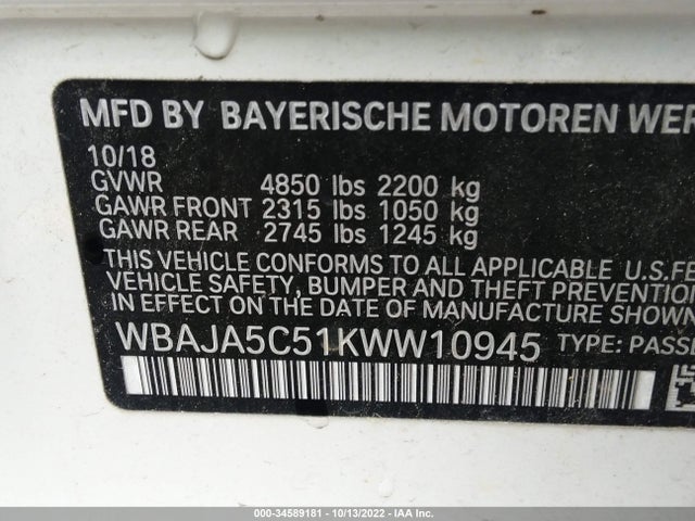 WBAJA5C51KWW10945 BMW 5 Series 530i