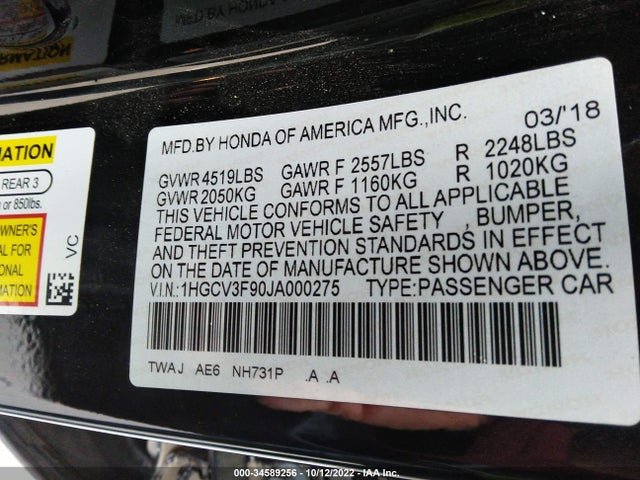 2018 Honda Accord, VIN: 1HGCV3F90JA000275