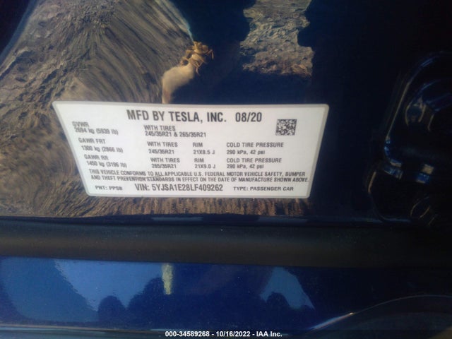 2020 Tesla Model S, VIN: 5YJSA1E28LF409262