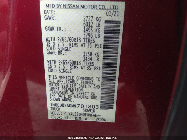 2021 Nissan Frontier, VIN: 1N6ED0EA0MN701803