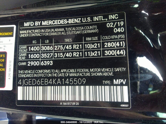 2019 Mercedes-Benz GLE-Class, VIN: 4JGED6EB4KA145509