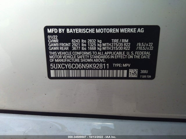2022 BMW X6, VIN: 5UXCY6C06N9K92811