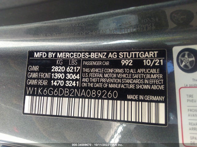 2022 Mercedes-Benz S-Class, VIN: W1K6G6DB2NA089260