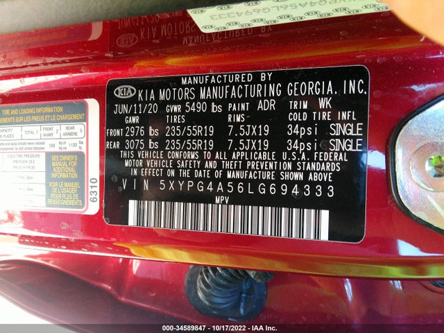 2020 Kia Sorento, VIN: 5XYPG4A56LG694333