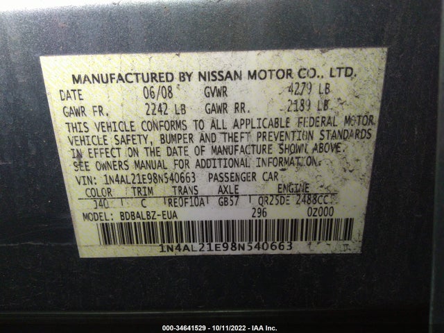 2008 NISSAN ALTIMA 2.5 SL VIN: 1N4AL21E98N540663