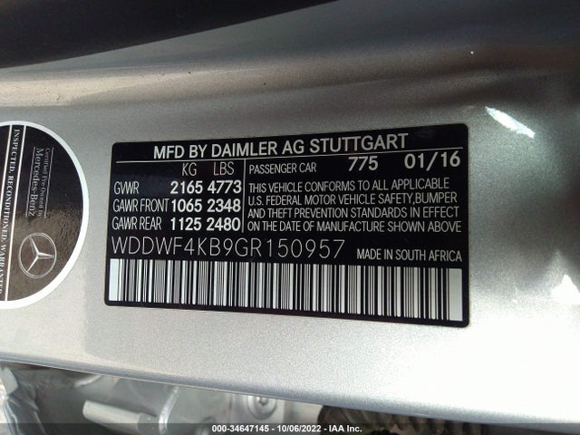 2016 MERCEDES-BENZ C-CLASS C 300 VIN: WDDWF4KB9GR150957