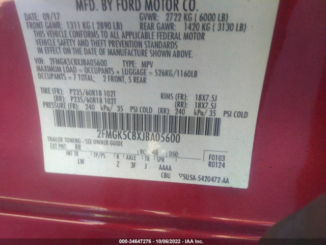 2018 Ford Flex, VIN: 2FMGK5C8XJBA05600