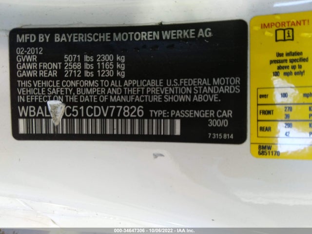 BMW 6 Series 650i 2012 WBALX3C51CDV77826 Image 9