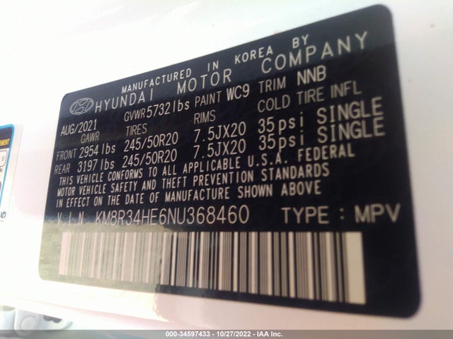 2022 Hyundai Palisade, VIN: KM8R34HE6NU368460