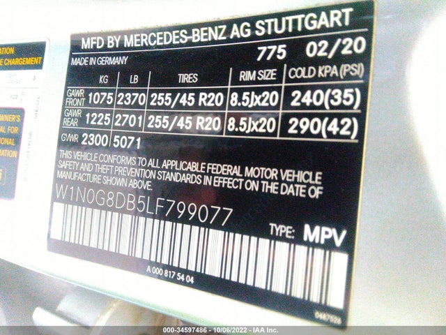 2020 Mercedes-Benz GLC-Class, VIN: W1N0G8DB5LF799077