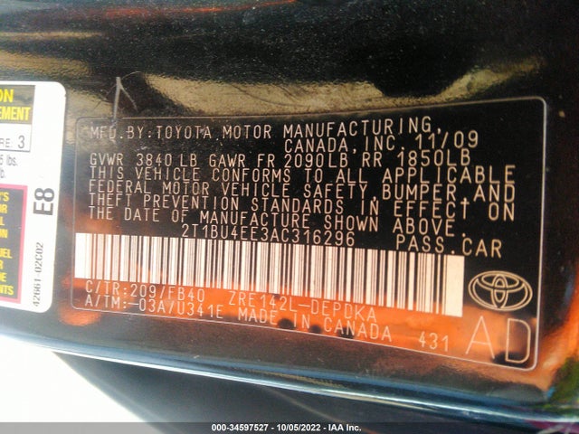 2010 TOYOTA COROLLA VIN: 2T1BU4EE3AC316296