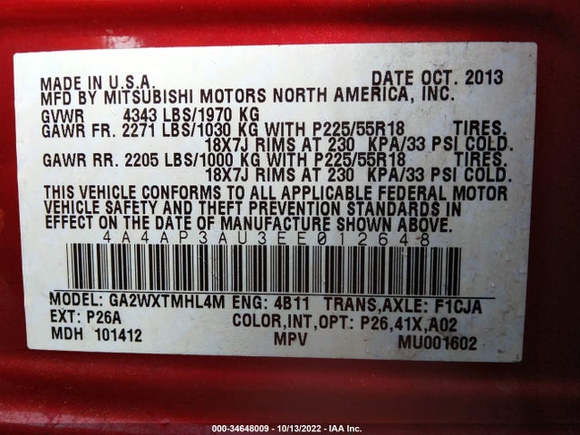 4A4AP3AU3EE012648 Mitsubishi Outlander Sport Es