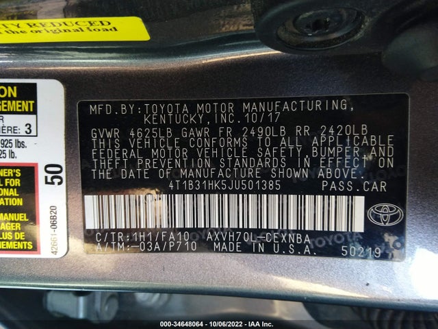 2018 Toyota Camry, VIN: 4T1B31HK5JU501385