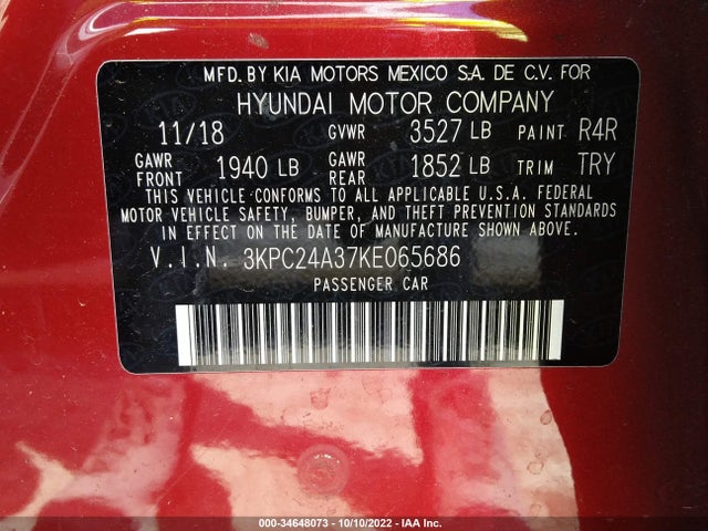 2019 HYUNDAI ACCENT SE VIN: 3KPC24A37KE065686