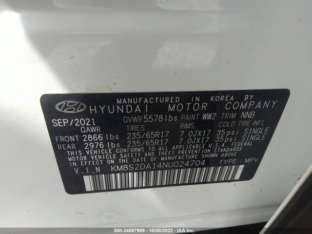 2022 Hyundai Santa Fe, VIN: KM8S2DA14NU024704