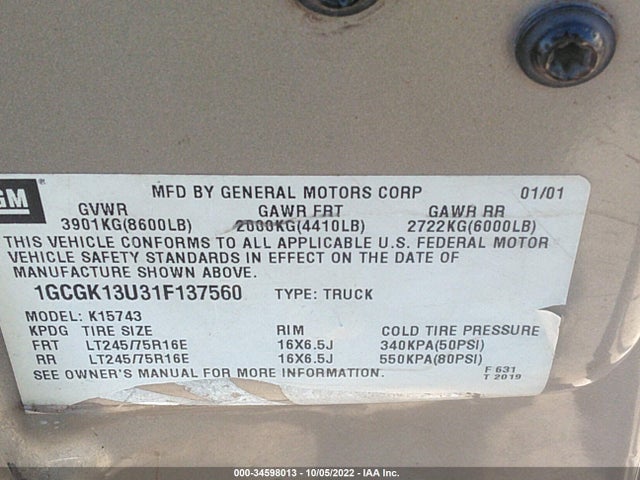 2001 CHEVROLET SILVERADO 1500HD LT VIN: 1GCGK13U31F137560