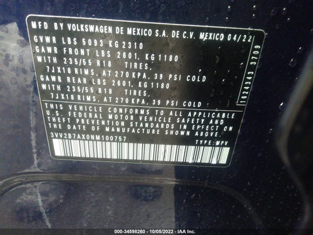 2022 Volkswagen Tiguan, VIN: 3VV2B7AX0NM100757