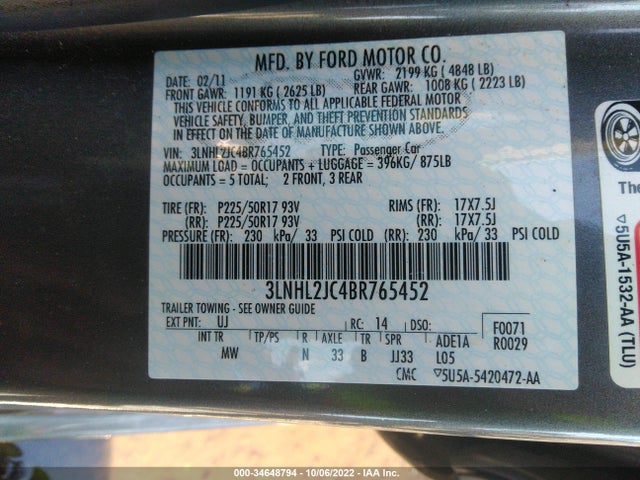 Lincoln MKZ 2011 3LNHL2JC4BR765452 Image 10