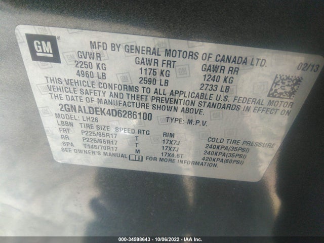 Chevrolet EQUINOX LT 2013 2GNALDEK4D6286100 Image 10