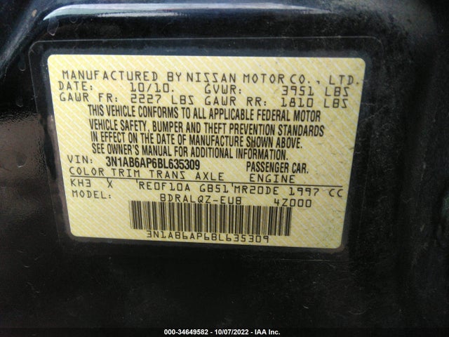 2011 NISSAN SENTRA 2.0 VIN: 3N1AB6AP6BL635309