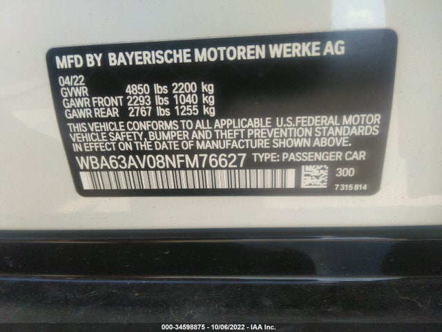 2022 BMW 4 Series, VIN: WBA63AV08NFM76627