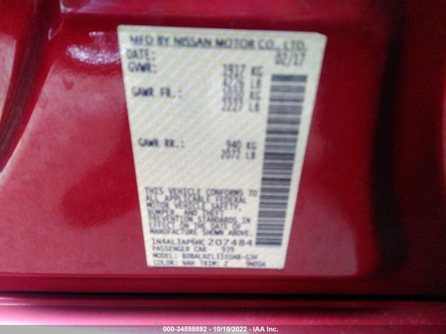 34598892 :رقم المزاد ، 1N4AL3AP6HC207484 vin ، 2017 Nissan Altima 2.5 Sr مزاد بيع