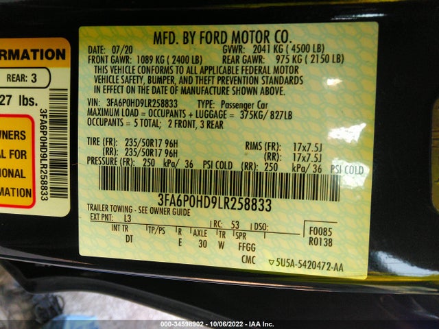 2020 Ford Fusion, VIN: 3FA6P0HD9LR258833