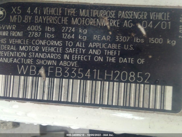 2001 BMW X5 4.4I VIN: WBAFB33541LH20852