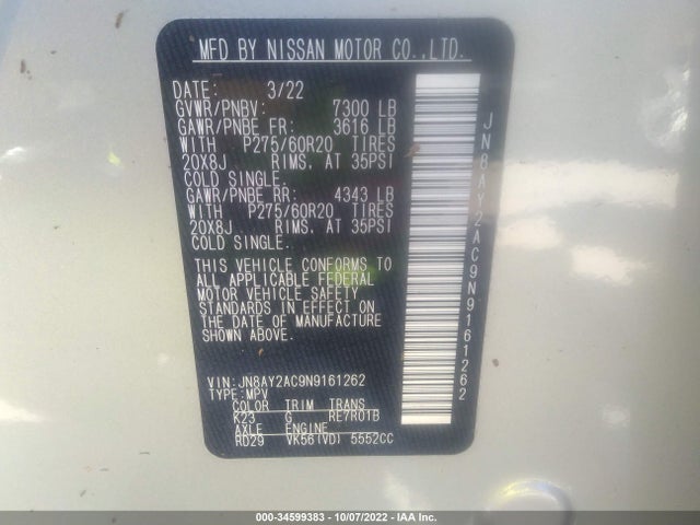 2022 Nissan Armada, VIN: JN8AY2AC9N9161262