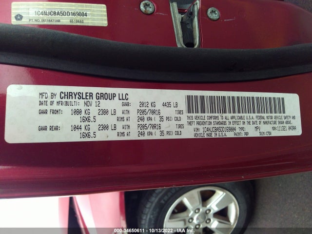 2013 JEEP COMPASS SPORT VIN: 1C4NJCBA5DD169004