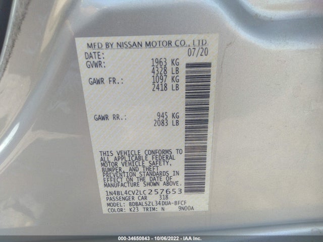 2020 NISSAN ALTIMA 2.5 SR VIN: 1N4BL4CV2LC257653