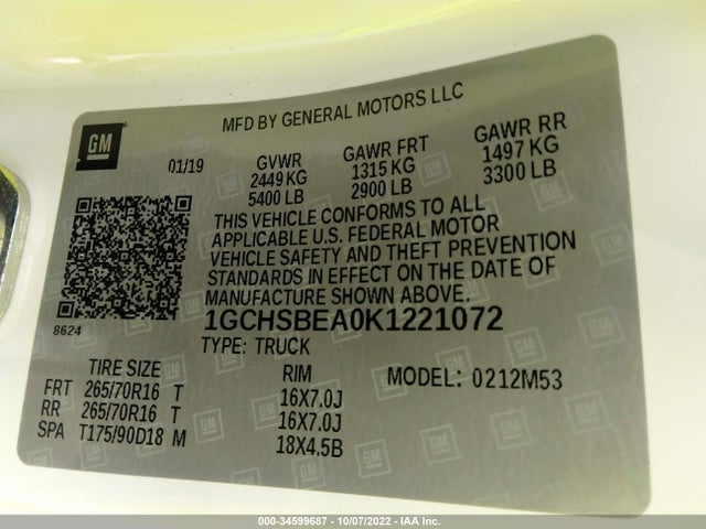 2019 Chevrolet Colorado, VIN: 1GCHSBEA0K1221072