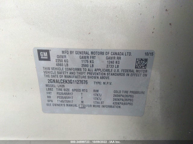 2016 Chevrolet Equinox, VIN: 2GNALCEK3G1127676