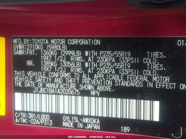 JTJBC1BA1A2020675 Lexus RX 450H