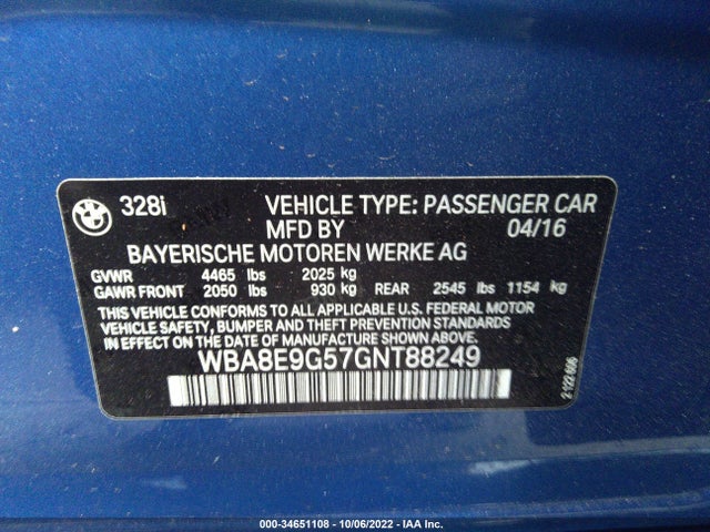 2016 BMW 3 Series, VIN: WBA8E9G57GNT88249