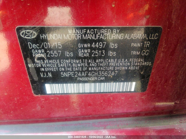 2016 HYUNDAI SONATA 2.4L SE VIN: 5NPE24AF4GH356247